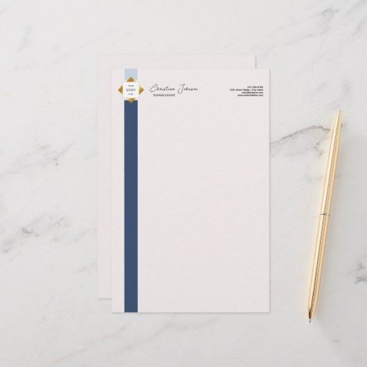 Trendy Blue Stripes Gold Logo Briefpapier (Vorderseite/Rückseite Beispiel)