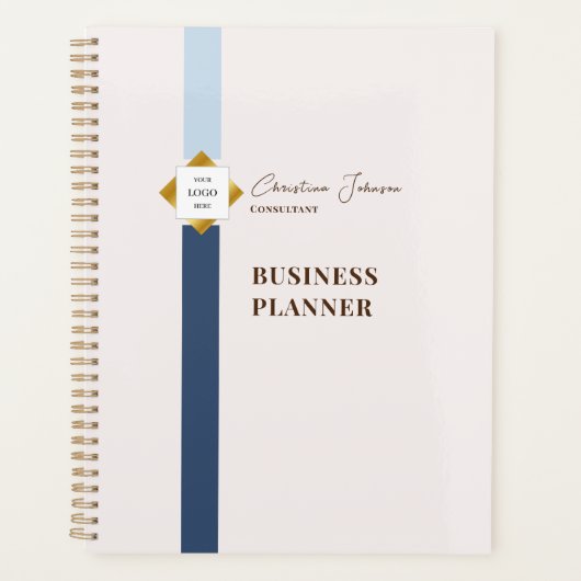 Trendy Blue Stripes Gold Logo Planer (Vorderseite)