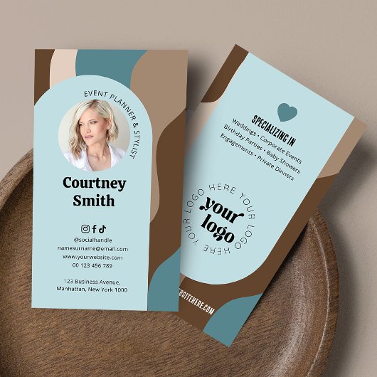 Trendy Blue & Taupe Groovy Retro Logo Foto Visitenkarte