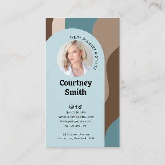 Trendy Blue & Taupe Groovy Retro Logo Foto Visitenkarte (Vorderseite)