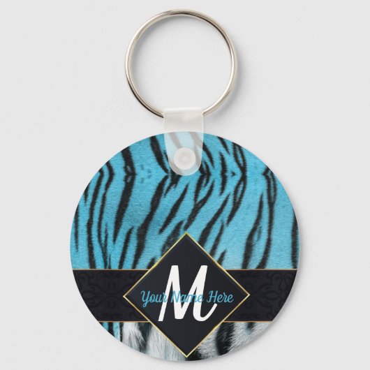 Trendy Blue Tiger Skin & Monogram Keyring Schlüsselanhänger (Vorderseite)