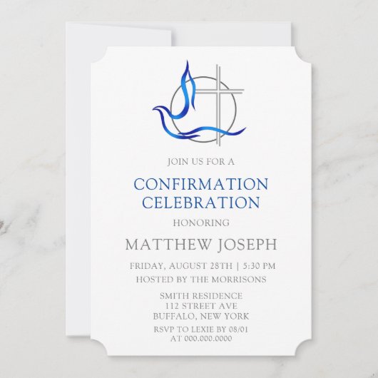 Trendy Blue und Gray Cross Dove Bestätigung Einladung (Vorderseite)