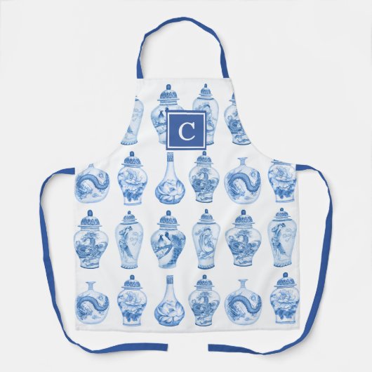 Trendy Blue White Chinoiserie Ginger Jars Monogram Schürze (Vorderseite)