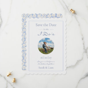 Trendy Blue & White Floral Daisy Foto Wedding Save The Date