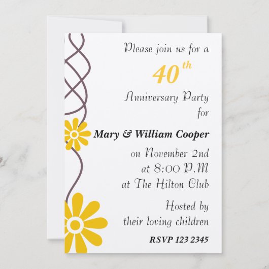 Trendy Blume 40. Hochzeitstag Party Einladung (Rückseite)