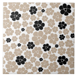 Trendy Blume Muster in Taupe, Black und White Fliese