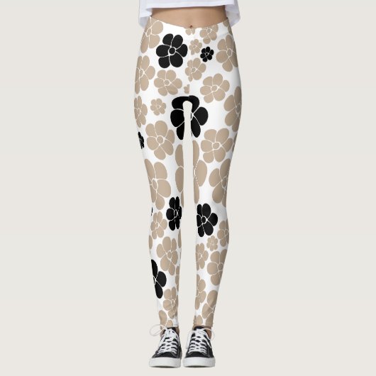 Trendy Blume Muster in Taupe, Black und White Leggings (Vorderseite)
