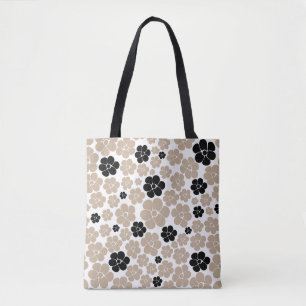 Trendy Blume Muster in Taupe, Black und White Tasche