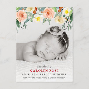 Trendy Blumenblüten-Foto-Geburts-Mitteilung Ankündigungspostkarte