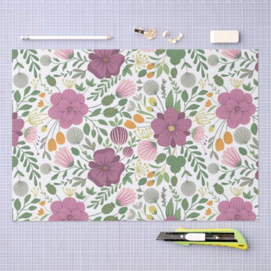 Trendy Blumenmuster Rosa Lila Grünanlage Seidenpapier (Handwerk)