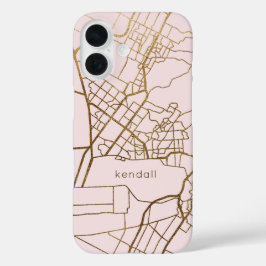 Trendy Blush and Imitats Gold Map Design mit Name iPhone 16 Hülle