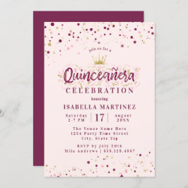Trendy Blush Burgundy & Gold Confetti Quinceañera Einladung