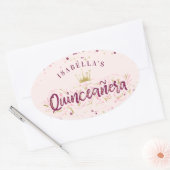 Trendy Blush Burgundy & Gold Confetti Quinceañera Ovaler Aufkleber (Umschlag)