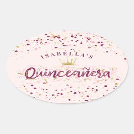 Trendy Blush Burgundy & Gold Confetti Quinceañera Ovaler Aufkleber