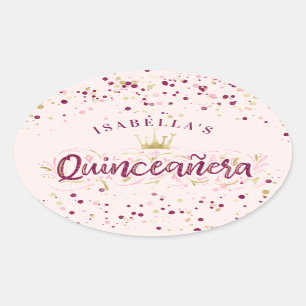 Trendy Blush Burgundy & Gold Confetti Quinceañera Ovaler Aufkleber