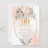 Trendy Blush Floral Gold Boho 90th Birthday Invite Einladung (Vorderseite)