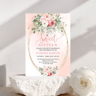 Trendy Blush Floral Sweet Sixteen Party Invitation Einladung