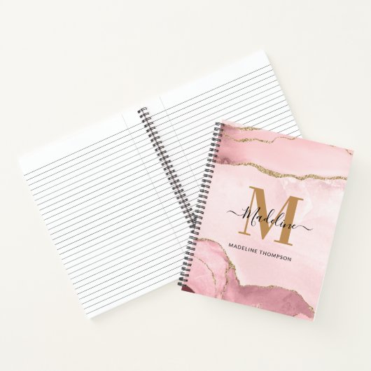 Trendy Blush Pink Gold Agate Marble Monogram Notizblock (Innenseite)