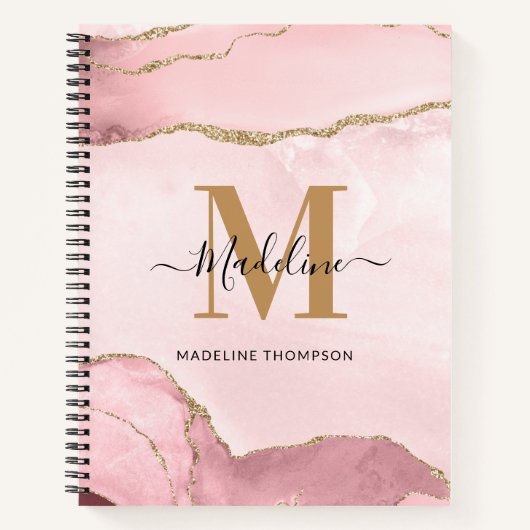 Trendy Blush Pink Gold Agate Marble Monogram Notizblock (Vorderseite)