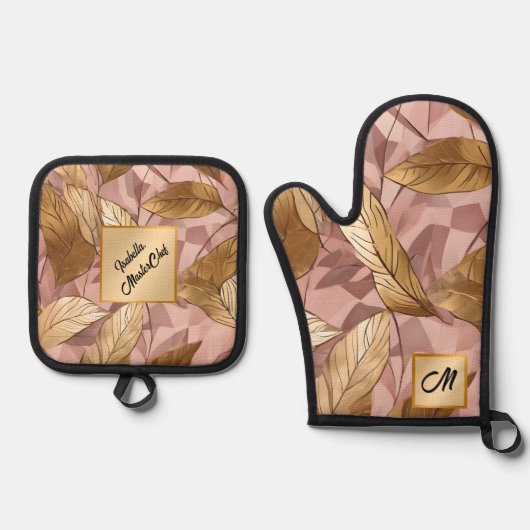 Trendy Blush Pink Gold Boho Blätter Collection Ofenhandschuh & Topflappen-Set (Vorderseite)