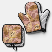 Trendy Blush Pink Gold Boho Blätter Collection Ofenhandschuh & Topflappen-Set (Vorderseite/Rückseite)