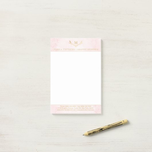 Trendy Blush Pink & Gold Foil Monogram Kraut Post-it Klebezettel (Auf Schreibtisch)