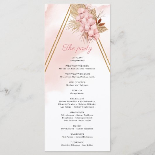 Trendy Blush Pink Orchid Driving Palm Gold Arch Programm (Rückseite)
