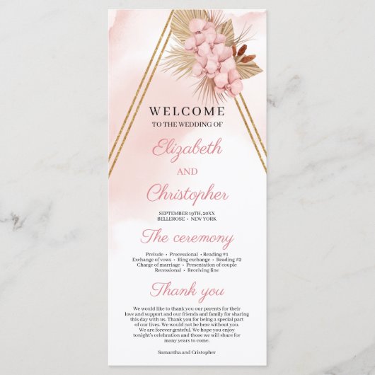 Trendy Blush Pink Orchid Driving Palm Gold Arch Programm (Vorderseite)