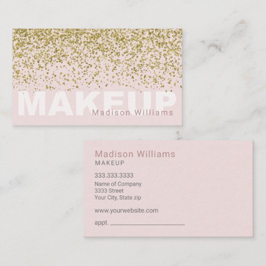 Trendy Blush Pink und Gold Glitzer Makeup Visitenkarte (Vorne/Hinten)