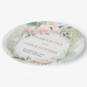 Trendy Blush Rose Goldrahmen Eukalyptus Hochzeit Pappteller (Schrägansicht)