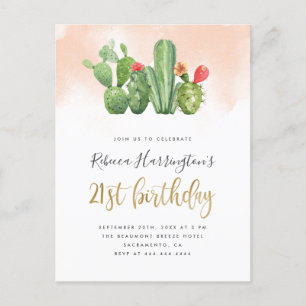 Trendy Blush Watercolor & Cactus 21. Geburtstag Einladungspostkarte