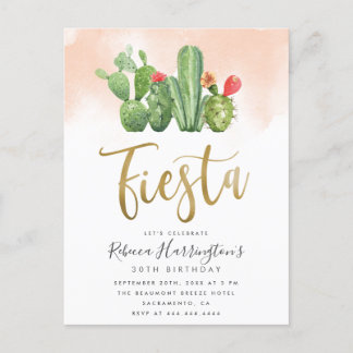 Trendy Blush Watercolor & Cactus Fiesta Geburtstag Einladungspostkarte