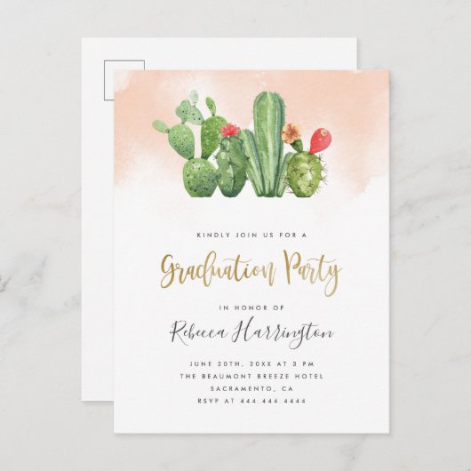 Trendy Blush Watercolor & Cactus Graduation Party Einladungspostkarte (Vorne/Hinten)