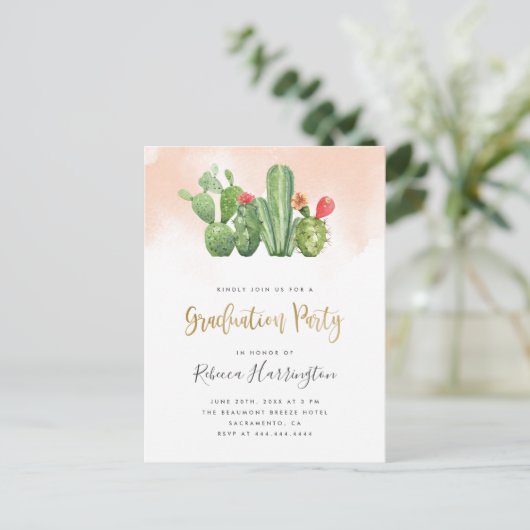 Trendy Blush Watercolor & Cactus Graduation Party Einladungspostkarte (Stehend Vorderseite)
