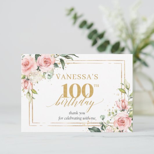 Trendy Blütengold Glitzern 100. Geburtstag Dankeskarte (Stehend Vorderseite)