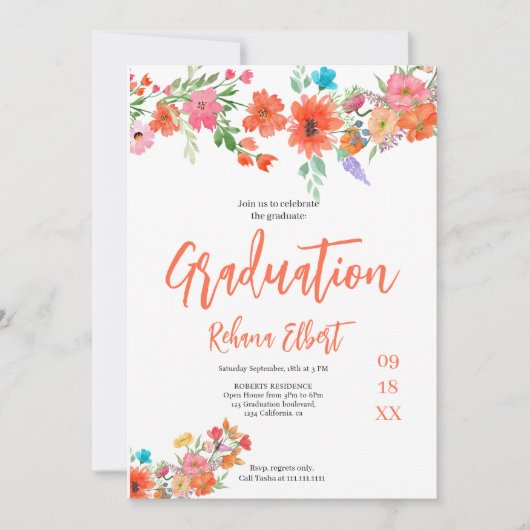 Trendy Boho Abschluss Foto Card - Orange Florals Einladung (Vorderseite)