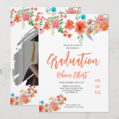 Trendy Boho Abschluss Foto Card - Orange Florals Einladung (Vorne/Hinten)