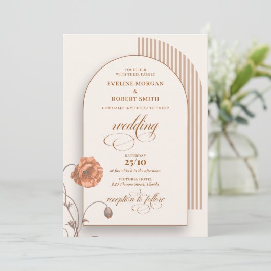 Trendy boho arch terracotta Blume Elfenbeinbraun Einladung (Stehend Vorderseite)