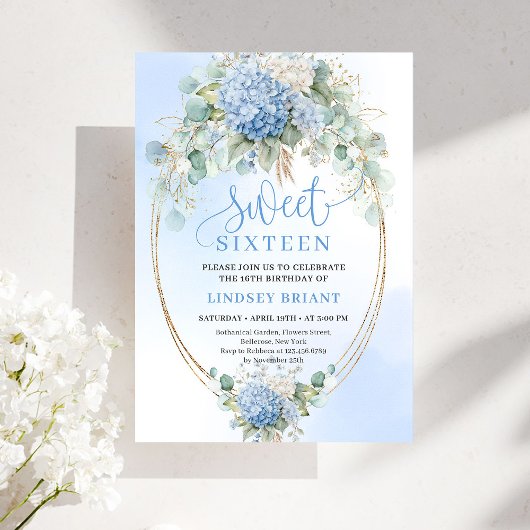 Trendy Boho Blue Hydrangea Sweet Sixteen Party   Einladung