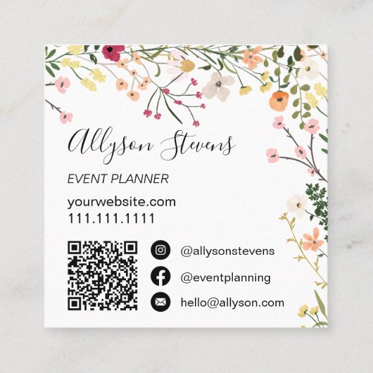 Trendy Boho Blumen-Event-Planer Logo qr Code Quadratische Visitenkarte (Rückseite)