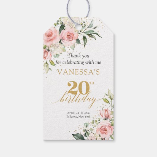 Trendy boho blush blumigen Gold Salbei 20. Geburts Geschenkanhänger (Rückseite)