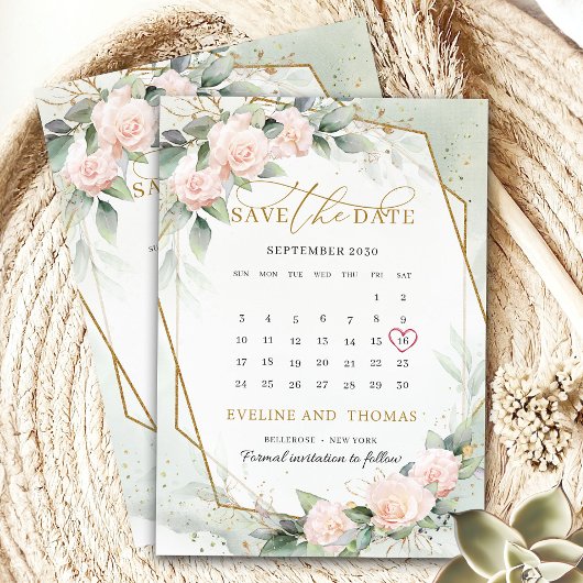 Trendy boho blush gold frame eucalyptus calendar save the date