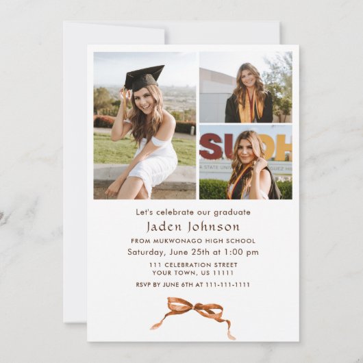 Trendy Boho Bow Ribbon 4 FOTO Graduation Party Einladung (Rückseite)