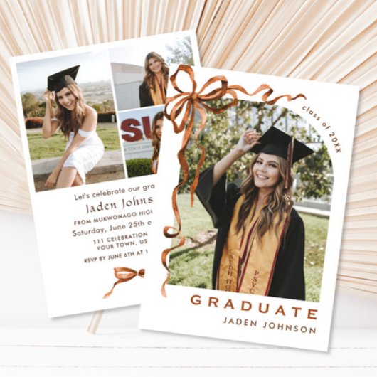 Trendy Boho Bow Ribbon 4 FOTO Graduation Party Einladung