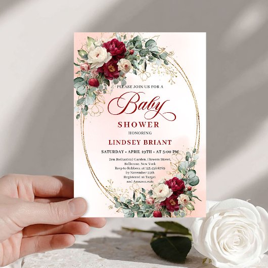 Trendy Boho Burgundy Peony Baby Shower Invitation Einladung