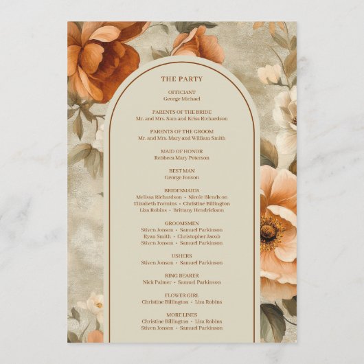 Trendy Boho Burnt Orange Ivory Sage Floral Wedding Programm (Rückseite)