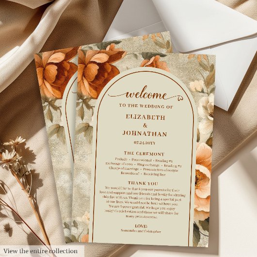 Trendy Boho Burnt Orange Ivory Sage Floral Wedding Programm