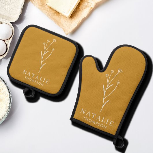 Trendy Boho Chic Minimalistisch Custom Mustard Yel Ofenhandschuh & Topflappen-Set