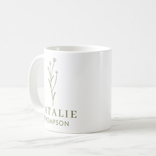 Trendy Boho Chic Olive Green Blume Personalisiert Kaffeetasse (Vorderseite Links)
