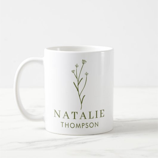 Trendy Boho Chic Olive Green Blume Personalisiert Kaffeetasse (Links)